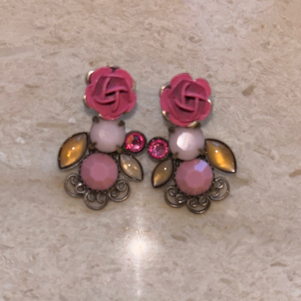Earrings Rose bee Pink Orange Floral sliver Flowers vintage style Jewelry boho